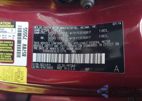 2014 Toyota Sienna Xle V6 8 Passenger z USA, uszkodzony, nr VIN 5TDYK3DCXES513778